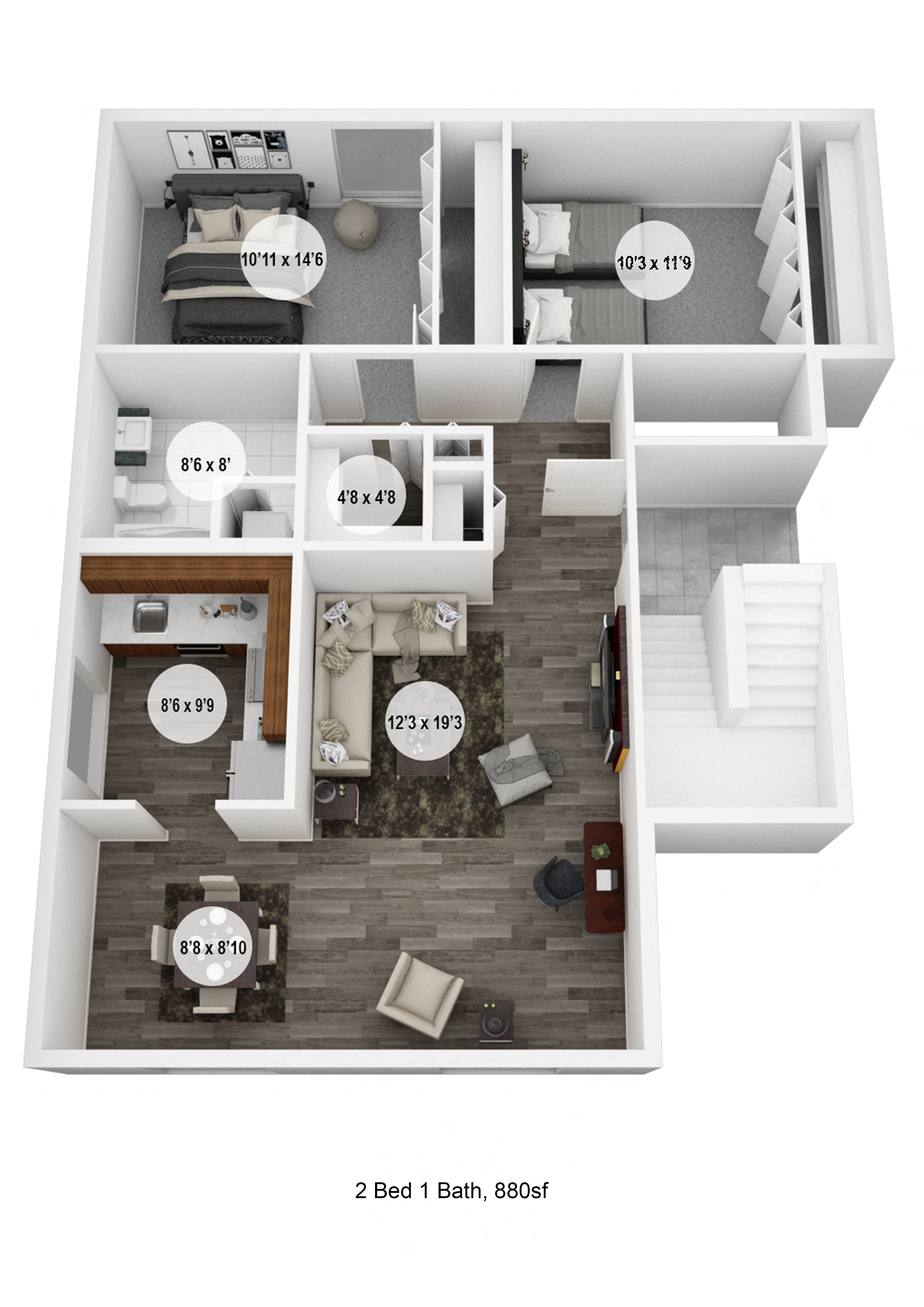 Floor plan for 2 beds, 1 bath, 1075 sqft
